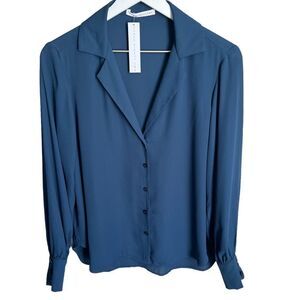 Revolve Three Eighty Two Blouse Womens Small Navy Blue V-Neck Long Sleeve Top